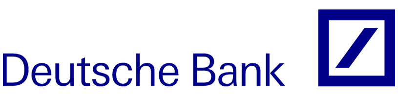 Logo der Deutschen Bank mit dem Firmennamen in blauer Schrift und einem blauen Quadrat mit einer diagonalen weißen Linie.