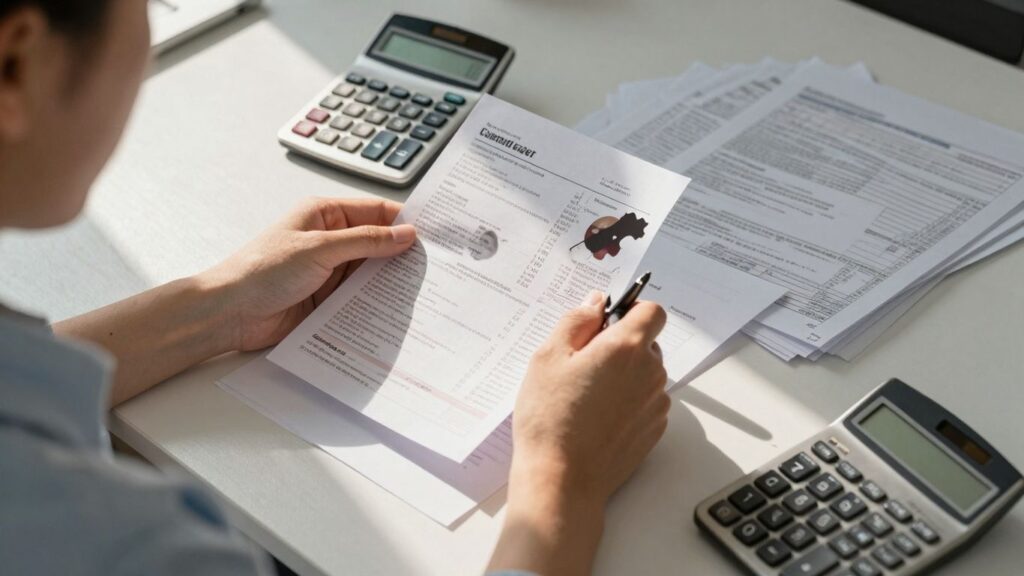 Person, die an einem Schreibtisch mit Taschenrechner, Stift, mehreren Dokumenten und einem automatisch gespeicherten Entwurf, der zwischen den Papieren sichtbar ist, einen gedruckten Finanzbericht hält und prüft.